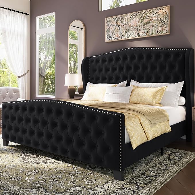 BRELTAM Upholstered Queen Size Bed Frame Velvet Black Tufted Platform Bed Frame by Breltam