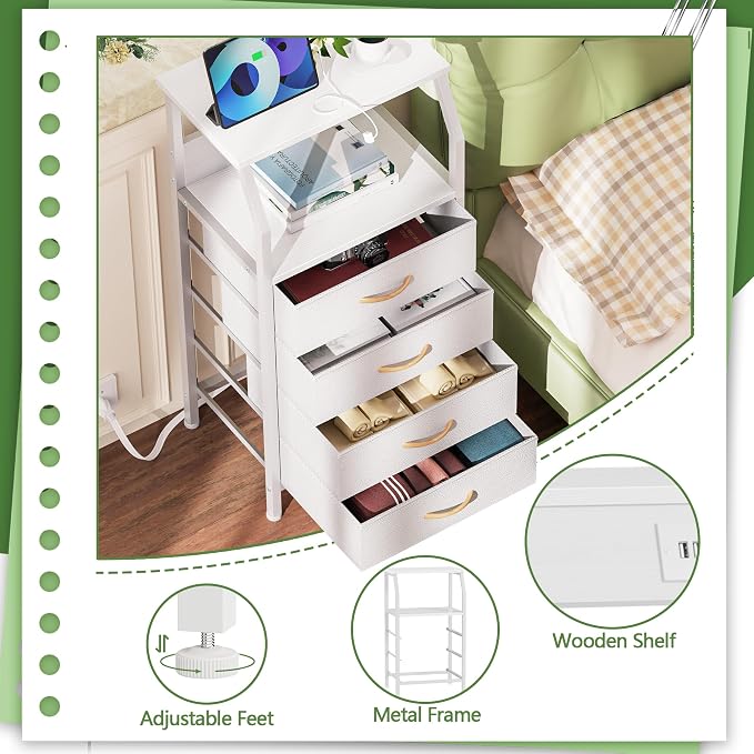 Furnulem Night Stand with Charging Station, Dresser with PVC & Fabric Drawers - Image 7