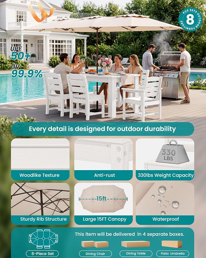 SERWALL Patio Dining Set with 15FT Double Side Umbrella, Outdoor Dining Sets - Image 2