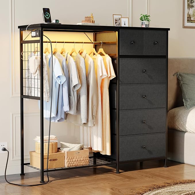DUMOS Dresser for Bedroom with Hanging Rack, 6 Drawer Fabric Dresser with - Image 2