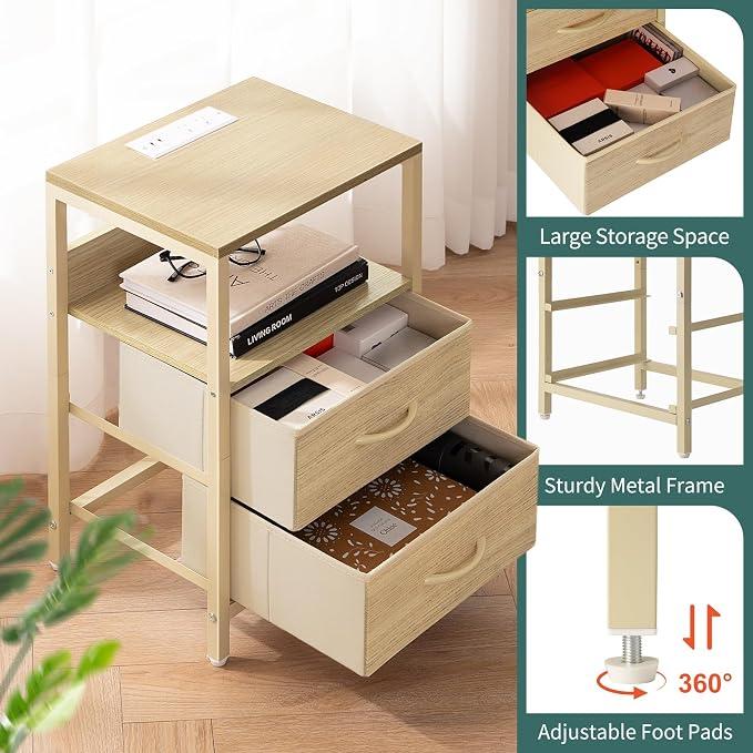 Yoobure Nightstand with Charging Station, LED Night Stand with Fabric Drawers - Image 8