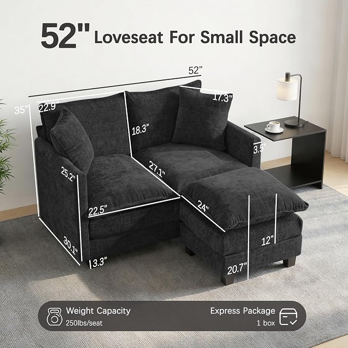 52'' Loveseat Sofa with Ottoman, Modern Cloud Sofa Couch with 27" Deep Seat - Image 2