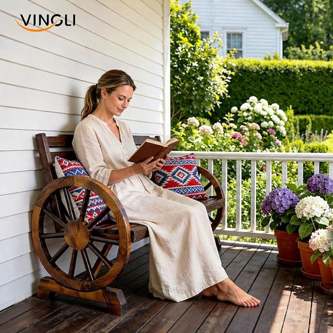 VINGLI Rustic Wooden Wheel Bench Outdoor Bench, Patio Bench Wagon Slatted Seat - Image 2