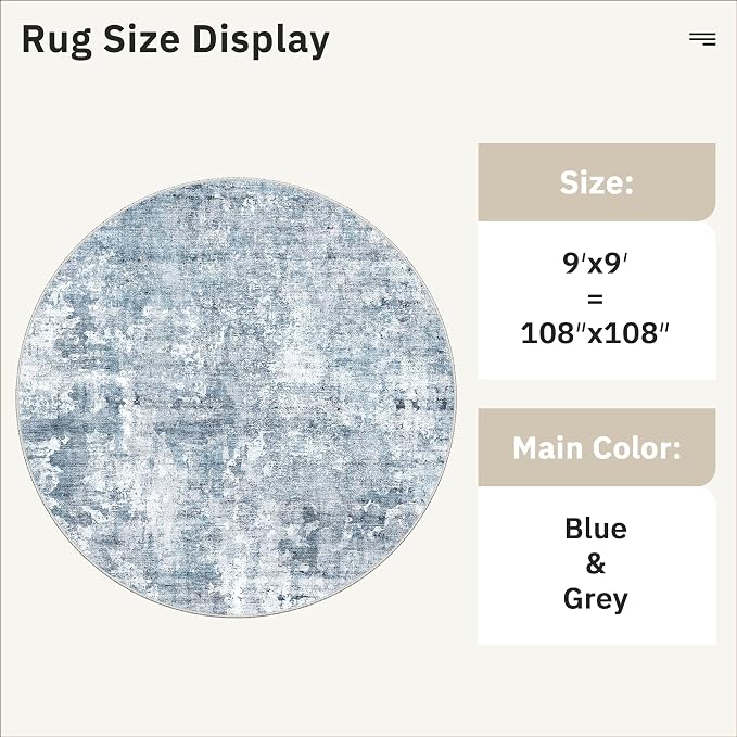 9x9 Blue/Grey Round Rug 9ft Living Room Circle Rug Vintage Round Area Rug Non - Image 5