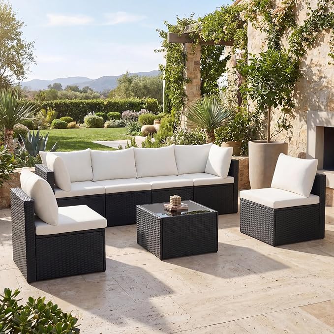 DUMOS 7 Piece Outdoor Patio Sectional Sofa, Modular Wicker Furniture Set - Image 2