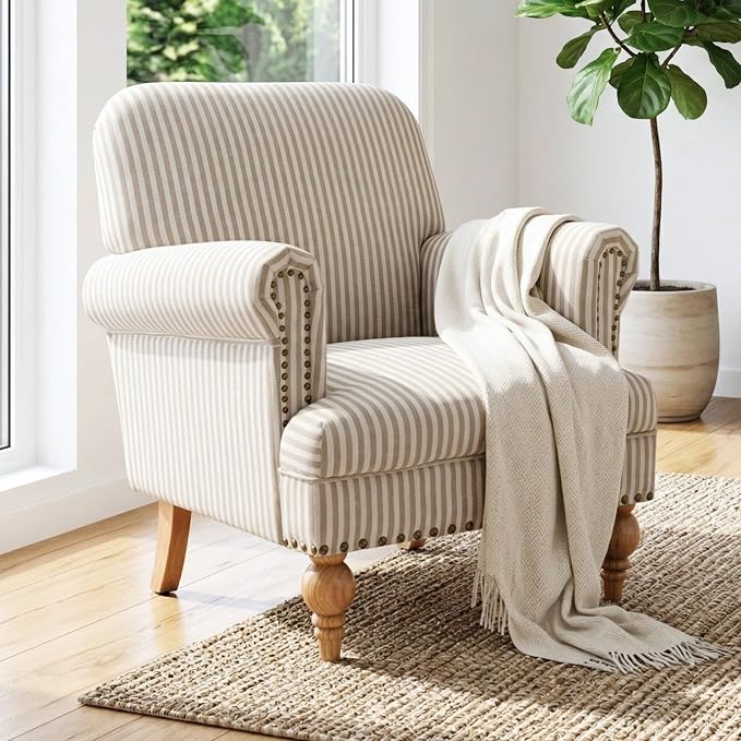 Khaki Striped Linen Fabric Accent Chair, Modern Farmhouse Upholstered Armchair by DMFurniture