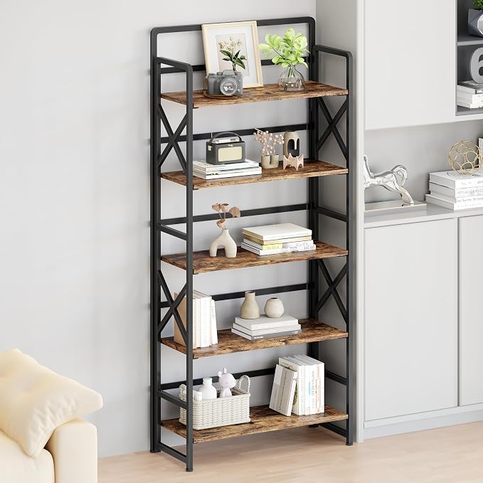 No Assembly Folding Bookshelf, 5 Tiers Vintage Wood Collapsible Book Shelf - Image 4