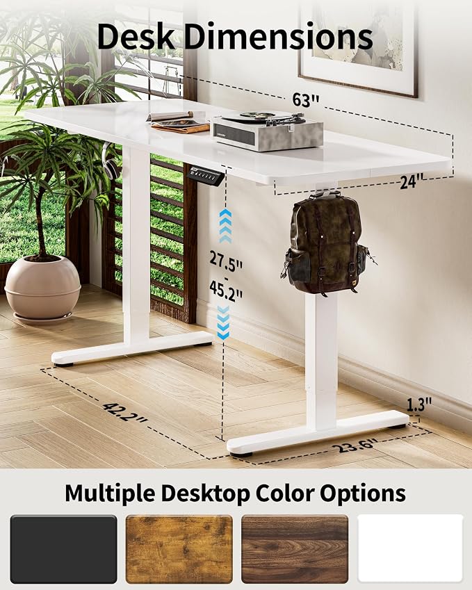 BIZUM Electric Standing Desk 63 x 24 Inch Computer Desk-Gaming Desk White Home - Image 3