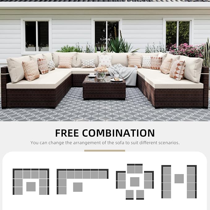 UPHA 9 Pieces Patio Furniture Sets, Wicker Outdoor Sectional Sofa Couch - Image 4