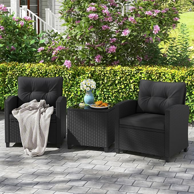 HAPPYGRILL 3 Pieces Wicker Patio Conversation Set, PE Rattan Bistro Sofa Set - Image 2