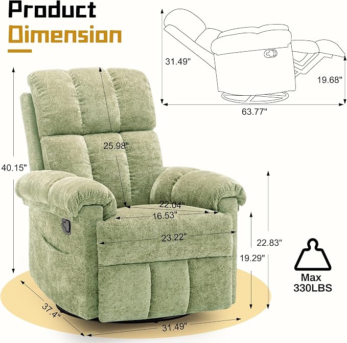 Korser Recliner Chair, Swivel Rocker Recliner Chair - Image 2