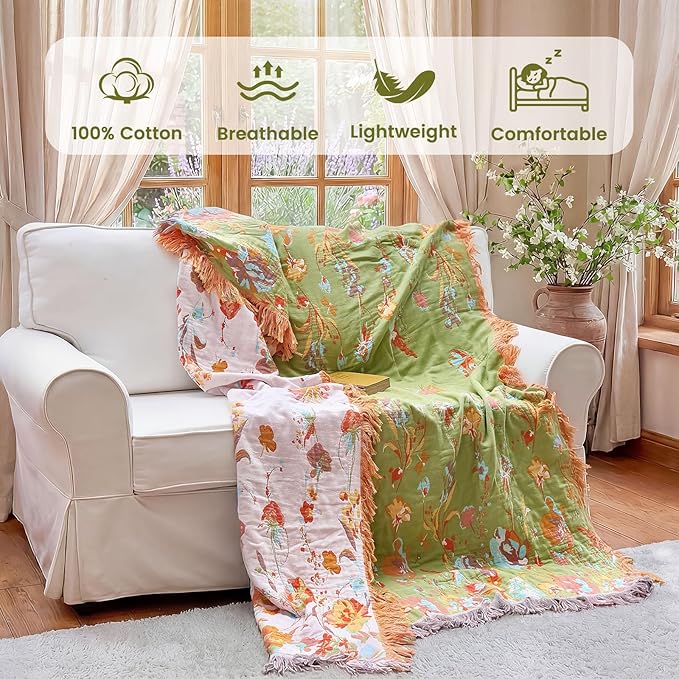 MSGKV Boho Throw Blanket 60"x80" Floral 100% Cotton Blanket - Image 2