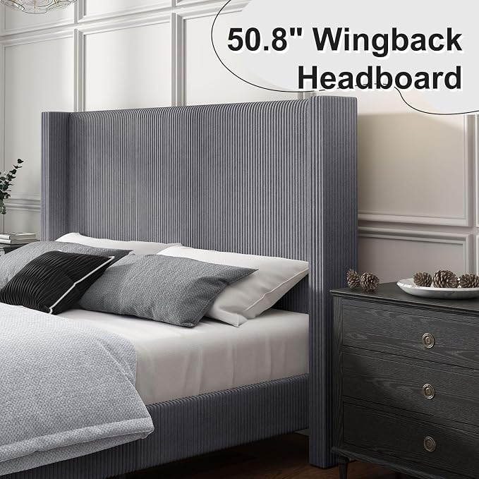 HOWE King Size Bed Frame with 50.8" Tall Wingback Headboard, Modern Corduroy - Image 5