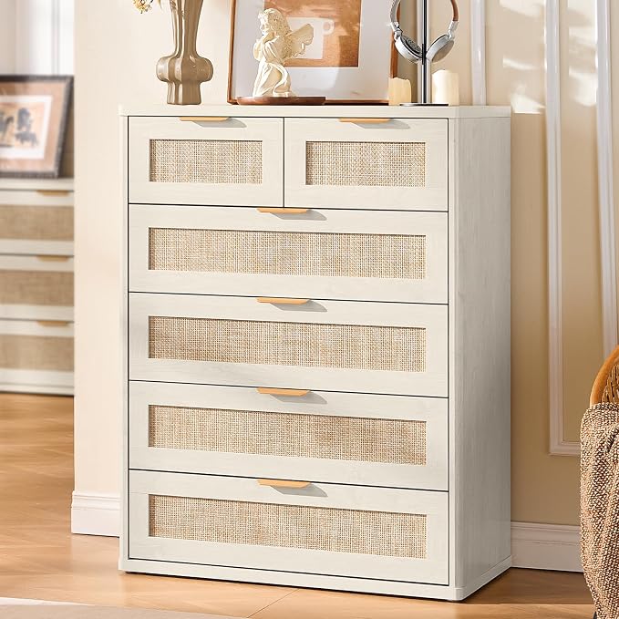 LEYAOYAO White Dresser for Bedroom Set of 2, Modern 6 Drawers Boho Rattan - Image 6