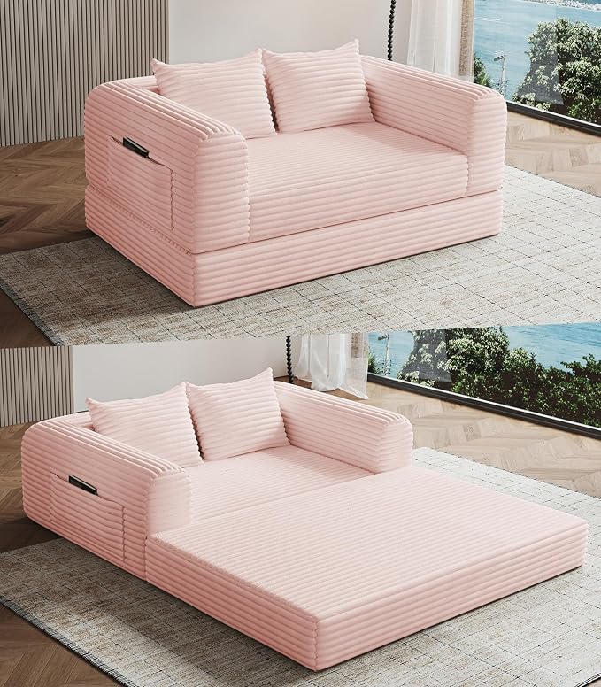 Versatile 2 in1 Loveseat Pink Accent Chair Couch Convertible Boneless Chaise by SYFERLORY
