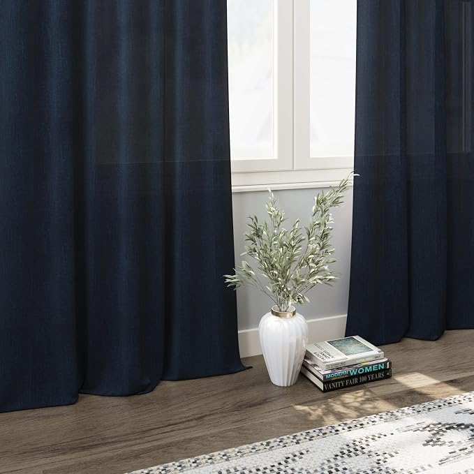 Navy Blue Linen Blend Drapes 84 Inch Length 2 Panels Set Back Tab Rod Pocket - Image 6