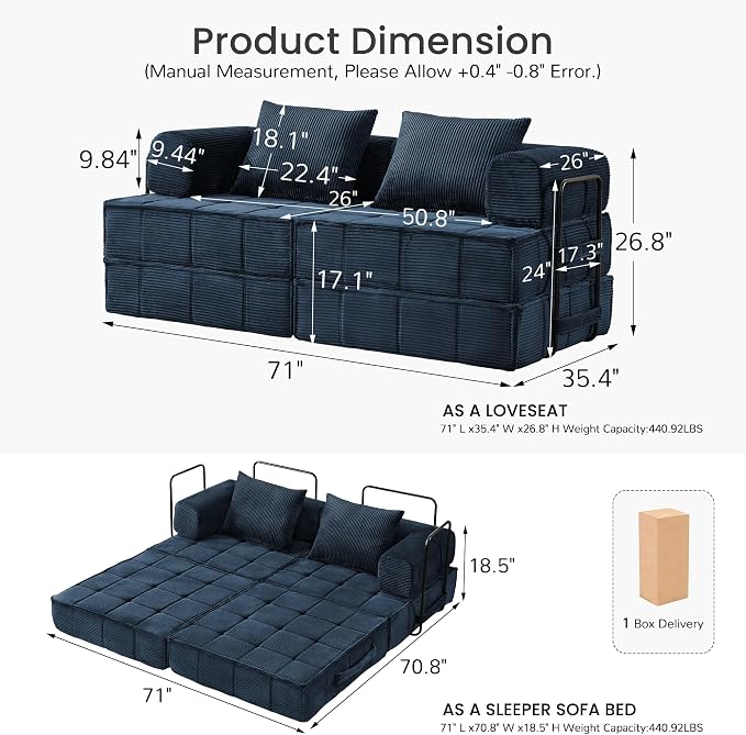 Korser Folding Convertible Sofa Bed, Corduroy Upholstered Boneless Couch - Image 2