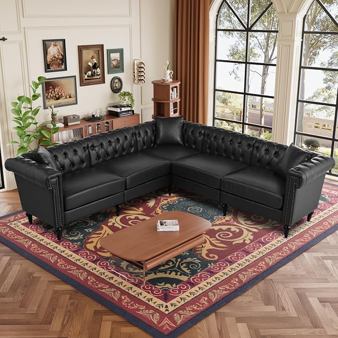KEIKI 99" L-Shaped Luxury PU Leather Chesterfield Sectional Sofa - Image 3