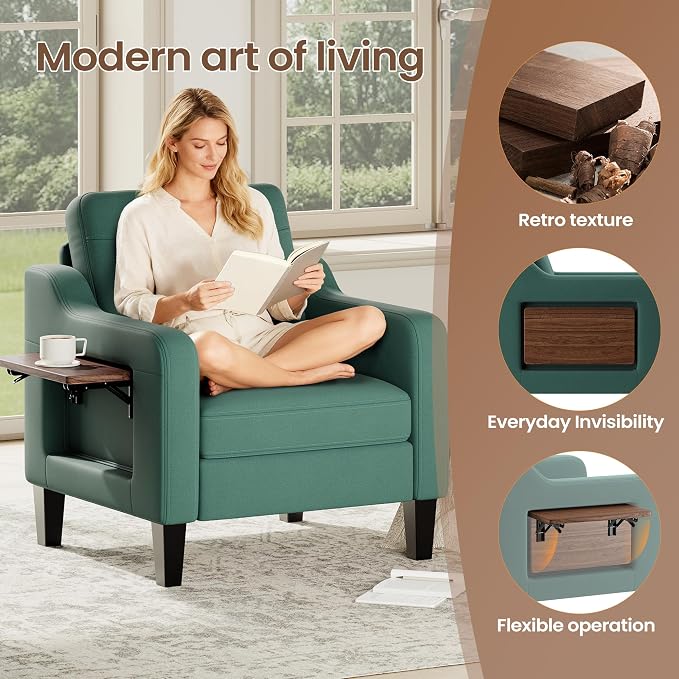 Accent Chair for Living Room Modern Linen Upholstered Armchair Side Wooden - Image 4