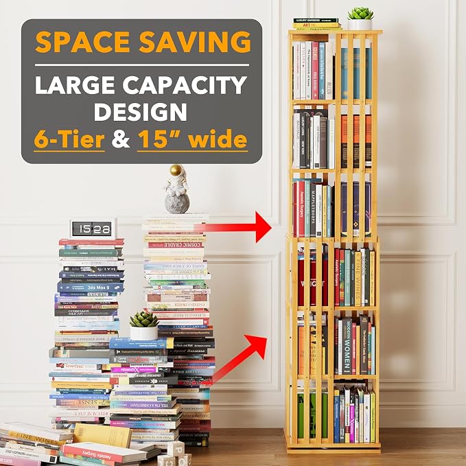 SpaceAid 6 Tier Rotating Bookshelf Tower, Bamboo Spinning Book Shelf, Revolving - Image 3