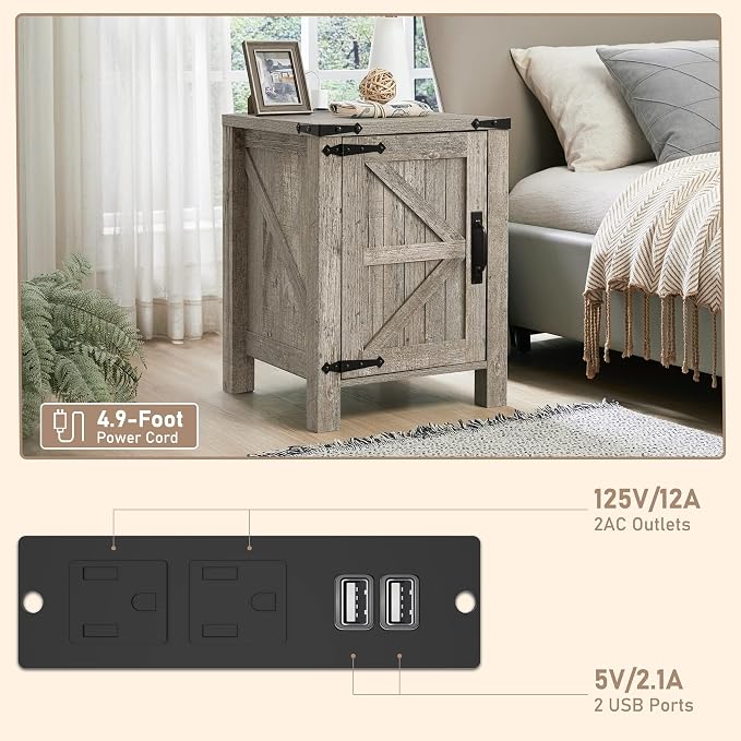 OKD Nightstand with Charging Station, 18 Inch Farmhouse End Table with Barn - Image 6