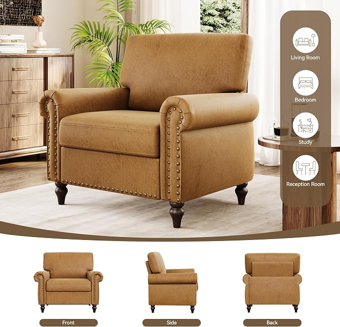 Nailhead Trim Accent Chair, Faux Leahter Mid Century Modern Living Room Arm - Image 9