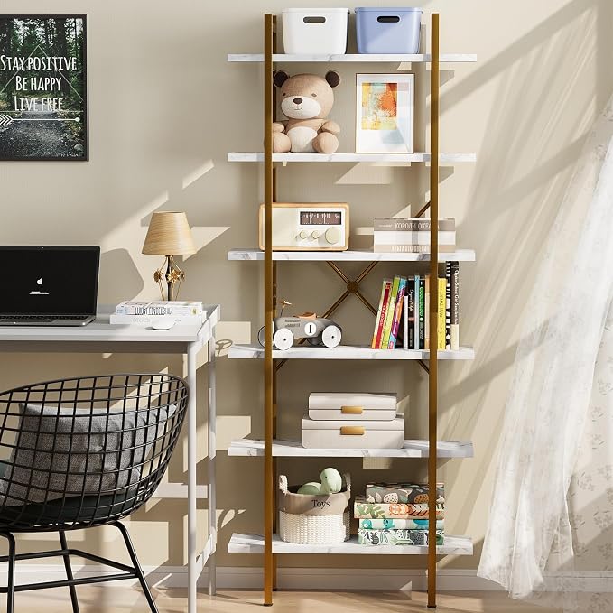 6 Tiers Bookshelf Organizer White Faux Marble Shelf, Modern Open Display - Image 3