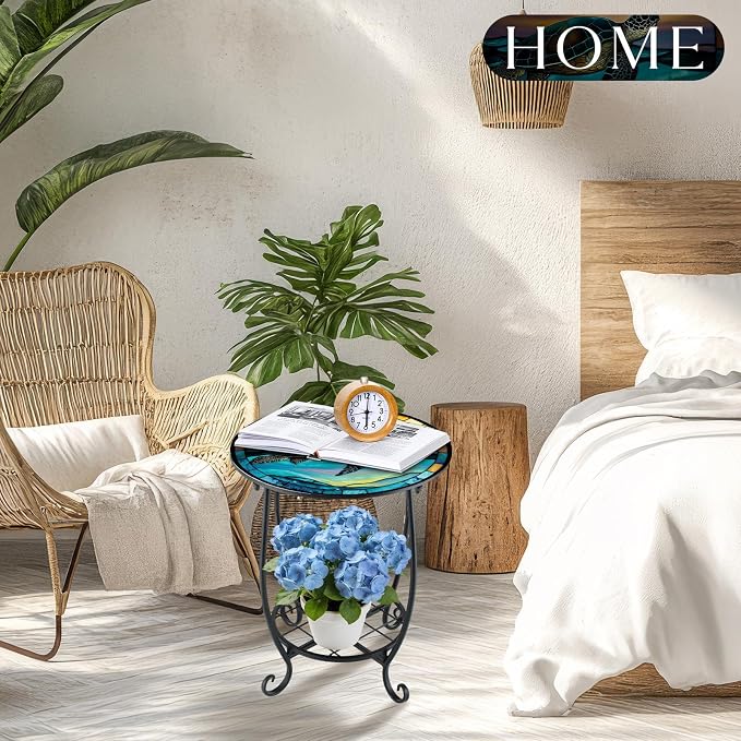 Cinnvoice Outdoor Side Table Round Small Mosaic Patio Accent Indoor End Plant - Image 7