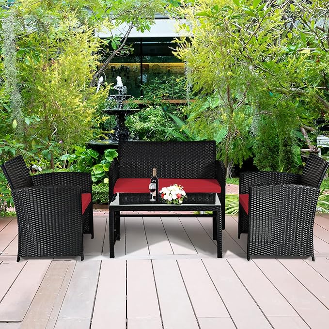 Tangkula Patio Wicker Conversation Furniture Set, Patiojoy Sofa & Table Set w/4 - Image 3