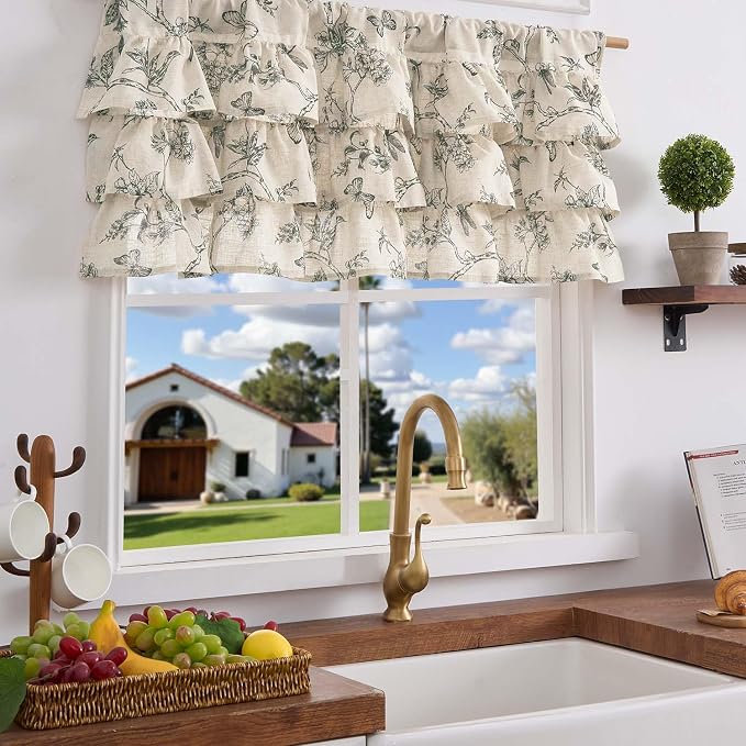 jinchan Ruffled Valance Curtain Linen Floral Kitchen Valance 18 Inch Shabby - Image 2
