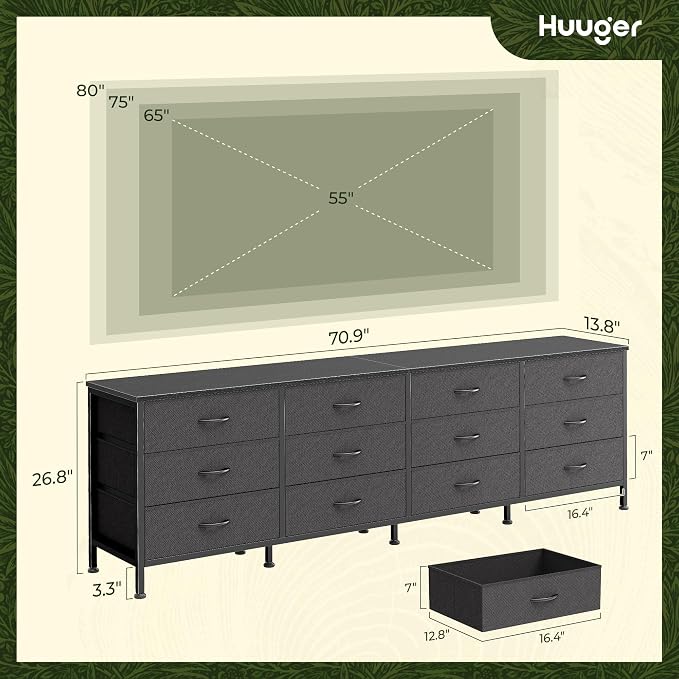 Huuger 70 Inch Black Dresser for Bedroom, TV Stand for 65, 80 Inch TV, 12 - Image 3