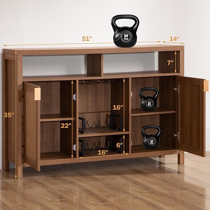 SICOTAS Rattan Coffee Bar Cabinet, Boho Liquor Wine Cabinet Set of 2 Credenza - Image 3