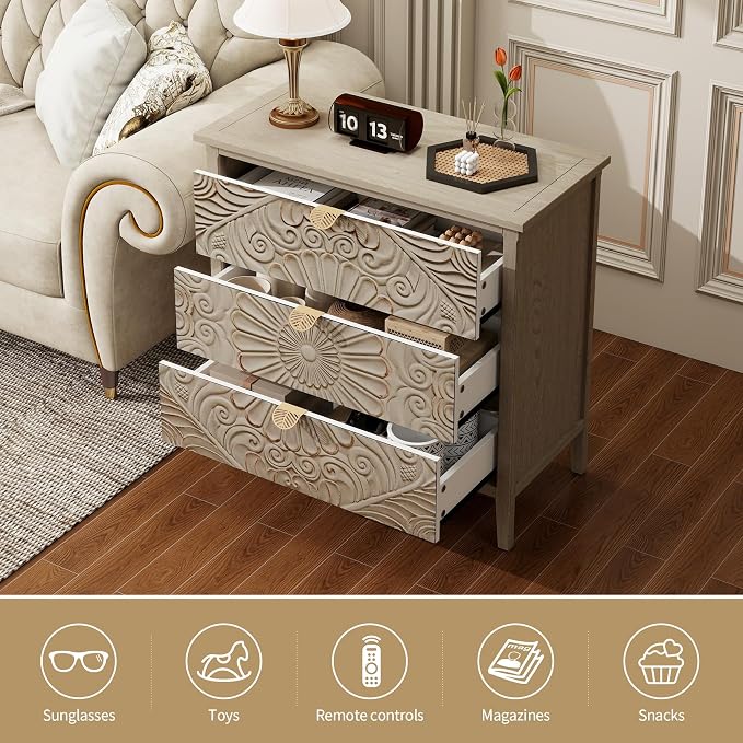 Carved 3 Drawer Cabinet with Floral Pattern & Gold Handles, 31.5" W Distressed - Image 6