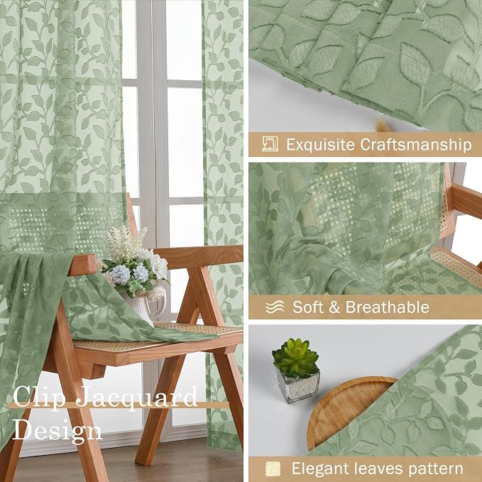 Chyhomenyc Sage Green Sheer Curtains 63 Inch Length 2 Panels Set, Light - Image 7