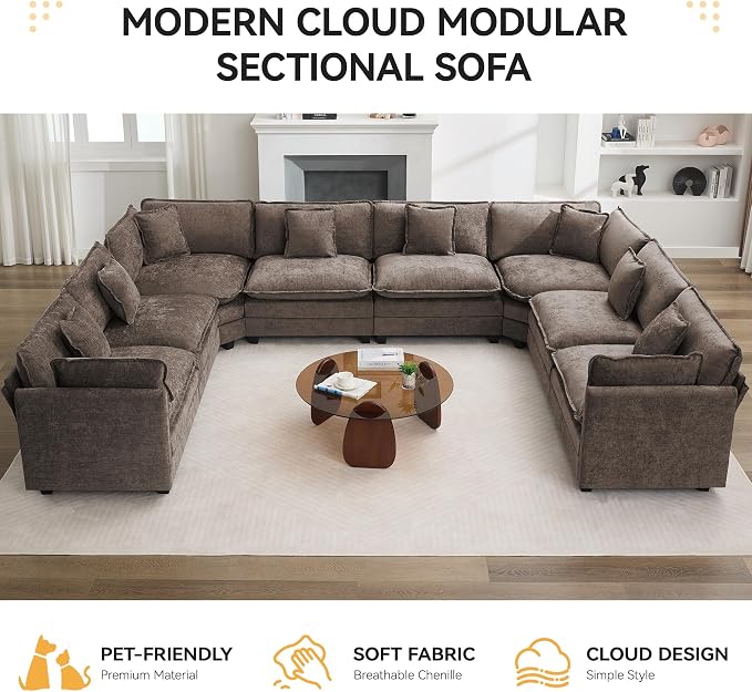 147'' Oversized U Shaped Cloud Sectional Sofa, Chenille Deep Seat Couches - Image 7