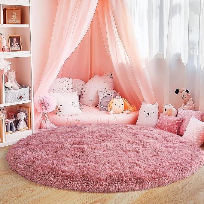 4'x4' Blush Round Rugs for Girls Bedroom, Ultra Soft Fluffy Circle Rug for Kids - Image 2