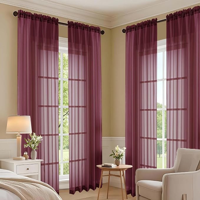 OVZME Burgundy Sheer Curtains 84 Inches Long 2 Panels Set, Light Filtering - Image 7