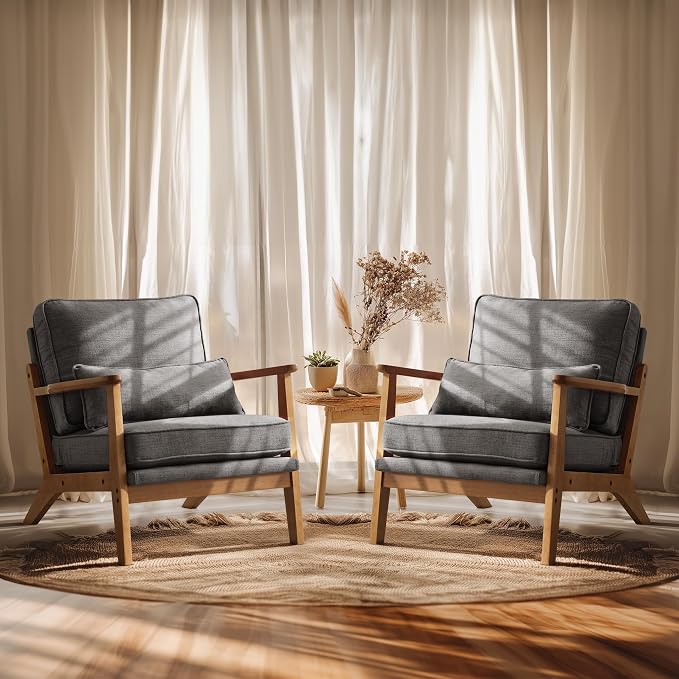 VINGLI Solid Wood Wide Armrests Accent Chair Set of 2, Upholstered Mid Century by VINGLI