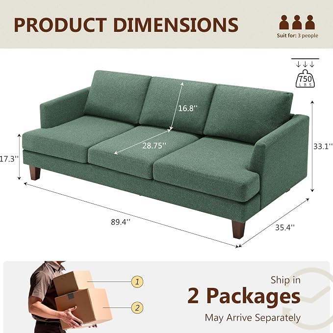 Busaurus Green 3 Seater Mid Century Modern Sofa, Comfy Furniture - Image 2