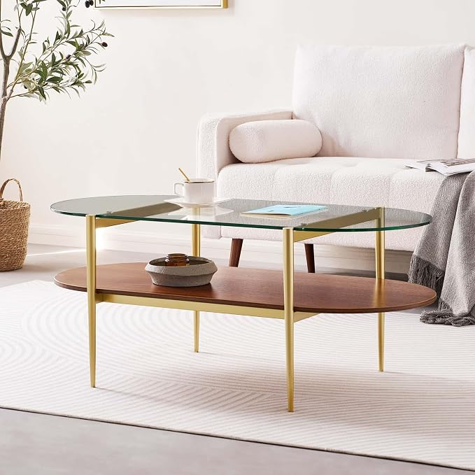 LumFurn Oval Glass Coffee Table, Mid-Century Modern Design, L41 x W21 x H17 inch - Image 3