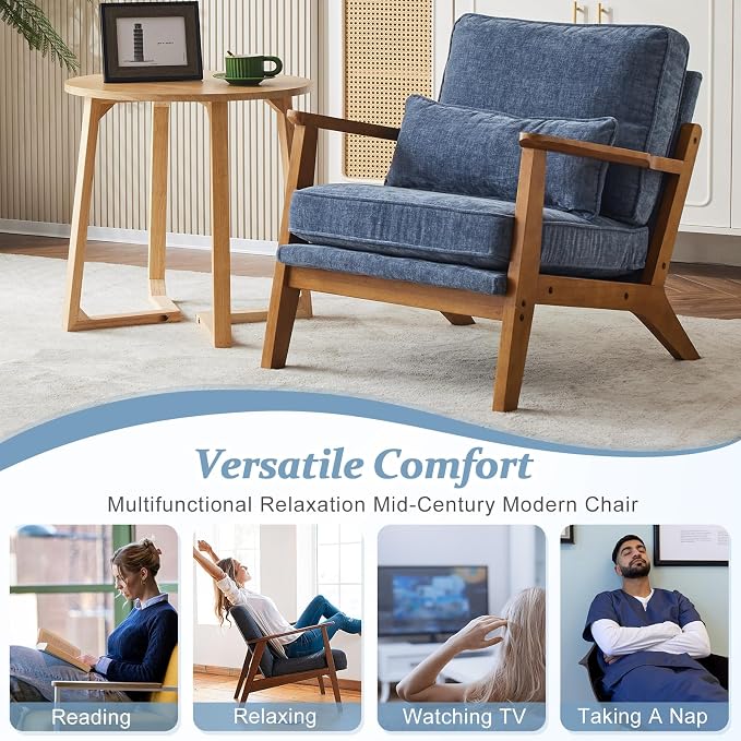 VINGLI Solid Wood Wide Armrests Accent Chair Set of 2, Upholstered Mid Century - Image 7