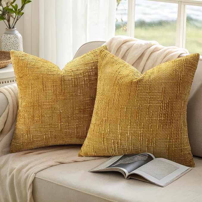 decorUhome Summer Mustard Yellow Chenille Euro Sham Throw Pillow Covers 26x26 - Image 9