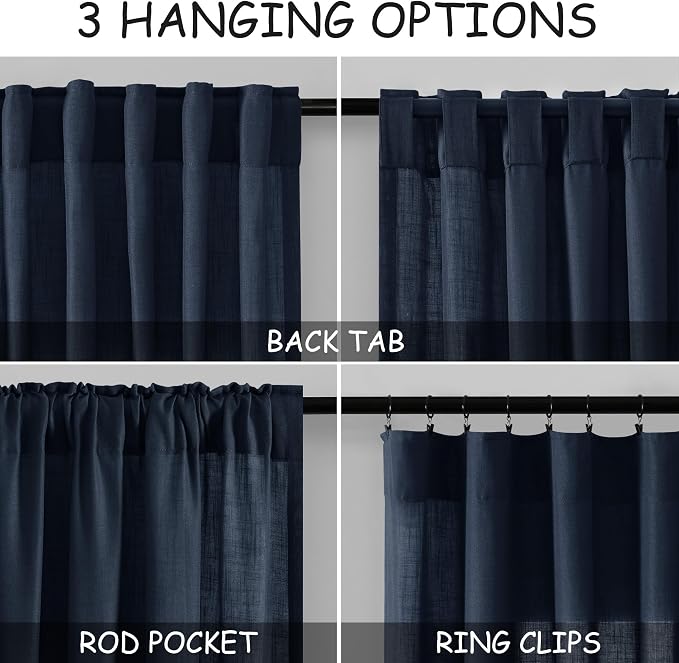 Navy Blue Linen Blend Drapes 84 Inch Length 2 Panels Set Back Tab Rod Pocket - Image 3