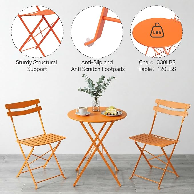 GarveeLife 3 Piece Patio Bistro Set, Folding Patio Bistro Table and Chairs Set - Image 6