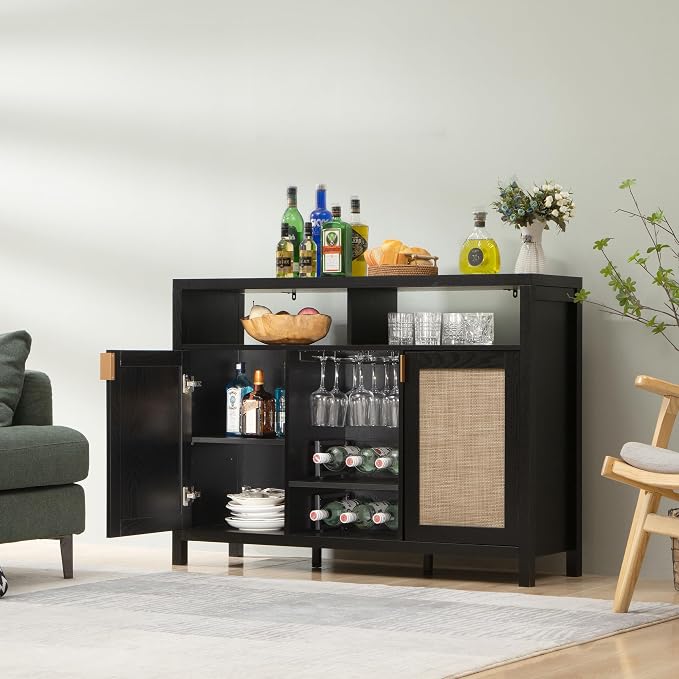 SICOTAS Rattan Coffee Bar Cabinet, Modern Liquor Wine Cabinet Set of 2 Credenza - Image 5