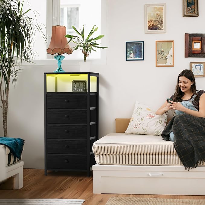 BOLUO Black Dresser with 5 Drawers Tall Nightstand with Charging Station and - Image 2