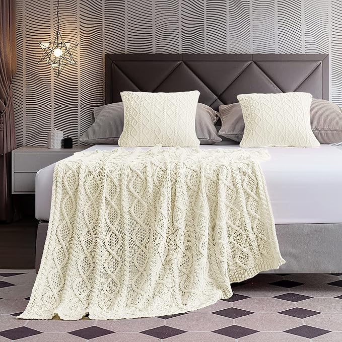 Homiest Cable Knit Throw Blanket & Pillow Set, Cream White Set of 3, Knitted - Image 5
