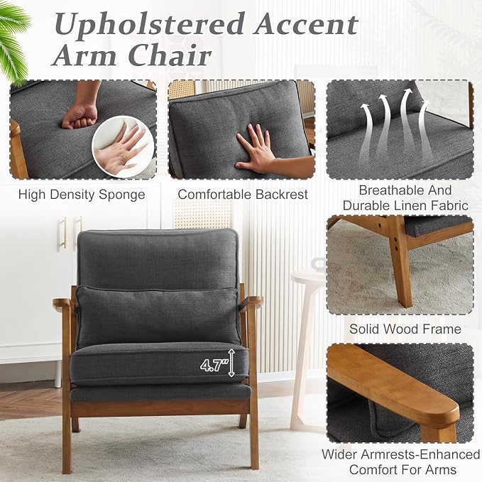 VINGLI Solid Wood Wide Armrests Accent Chair, Upholstered Mid Century Modern - Image 5