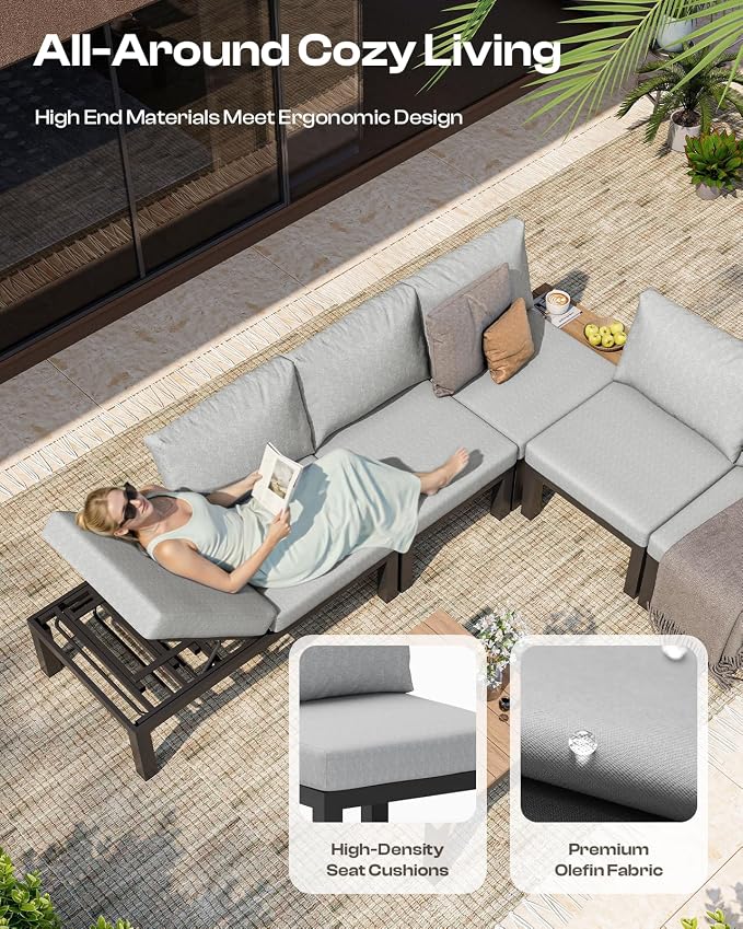Aluminum Outdoor Patio Sofa Set, 2 Seats Modular Sectional Reclining Loveseat - Image 4