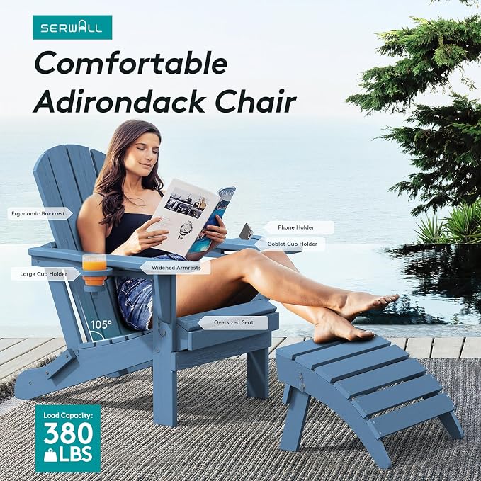SERWALL Folding Adirondack Chair, HDPE Adirondack Chairs Set of 6, Plastic - Image 5